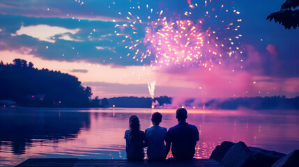 Wall Mural - Three people sitting on a dock watching a colorful fireworks display over a tranquil lake at dusk.