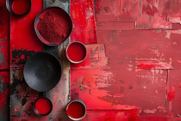 Poster - A bold red wall covered with numerous bowls in various shapes and sizes, Bold and striking red palette