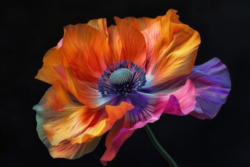 Canvas Print - Orange and purple flower standing out against a black background, Bold, contrasting colors popping against a stark black background