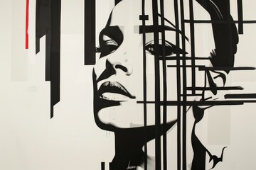 Poster - A black and white painting depicting a womans face with bold graphic contrast, Bold, graphic black and white contrast on a stark white background