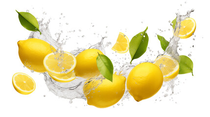 Wall Mural - Flying lemon fruits transparent background.