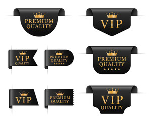 Premium, VIP, luxury golden labels, banners and ribbon corners, vector premium quality badges. Gold and black isolated vector signs of exclusive quality products. Vector illustration