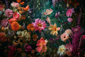 Wall Mural - A variety of vibrant flowers blooming amidst the green grass in a natural setting, Botanical beauty in full bloom