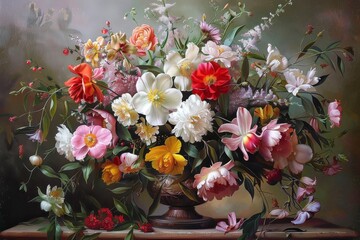 Canvas Print - A painting depicting a colorful bouquet of flowers placed in a vase on a wooden table, Bouquet of fragrant flowers