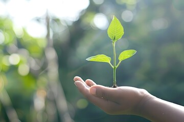 Wall Mural - A Hand Holding a Small Green Plant in the Sunlight