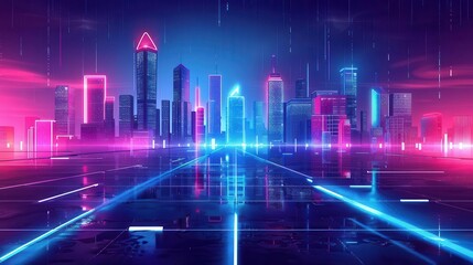 Wall Mural - futuristic city skyline at night with glowing neon lights and dark concrete foreground digital illustration