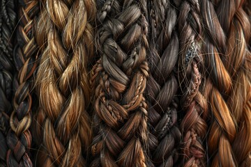 Poster - Various colored braids are displayed on a wall in a complex design, Braids braided with other braids in a complex design