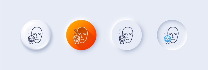 Poster - Face verified line icon. Neumorphic, Orange gradient, 3d pin buttons. Access granted sign. Facial identification success symbol. Line icons. Neumorphic buttons with outline signs. Vector
