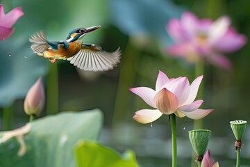 Sticker - Vibrant Bird Near Lotus Blossom in Pond