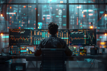 Poster - A person sits at a desk with multiple monitors displaying financial data, working late into the night