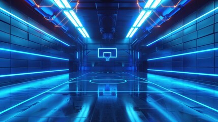 Futuristic basketball court with a glowing blue neon design, illuminated by blue lights