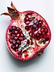 Poster - A pomegranate cut in half, revealing the juicy red arils inside. AI.