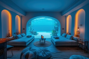 Sticker - A luxurious underwater living room with a large window looking into the ocean. AI.