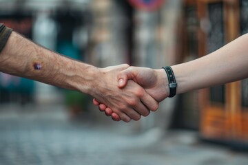 Poster - A close-up view of two individuals engaging in a handshake gesture, Building relationships with clients based on trust and communication