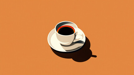 Sticker - Minimalist illustration of a coffee cup with long shadow on an orange background.