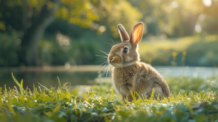 Wall Mural - A cute brown rabbit sits in a green field and looks at the camera. AI.