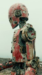 Poster - Rusty robot stands in a field. AI.