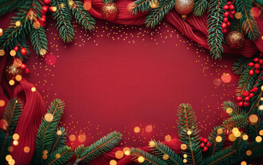christmas background with xmas tree and sparkle bokeh lights on red canvas background. merry christm