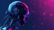 © AminaDesign - An advanced AI robot illuminated by vivid pink and blue neon lights, embracing a cyberpunk aesthetic