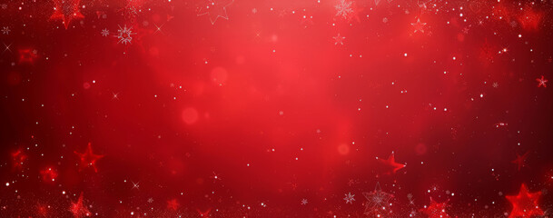 Red christmas glitter background with stars. Festive glowing blurred texture.