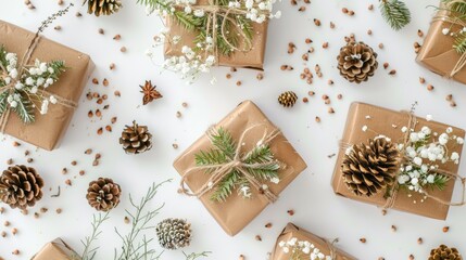 Canvas Print - Christmas themed flat lay with gifts pine cones gypsophila and thuja on white background