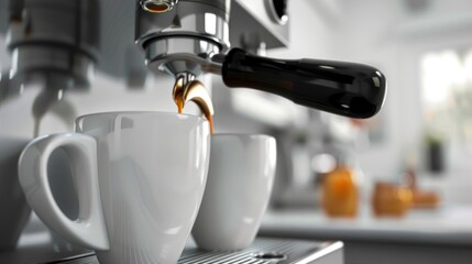 Espresso Machine Brewing Coffee into Two Cups