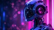 © AminaDesign - Close-up of a futuristic robot with an illuminated neon lights background, showcasing advanced technology.