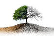 © Aleksandra Ermilova - The tree is half green half dry on a white background. Drought, water shortage concept