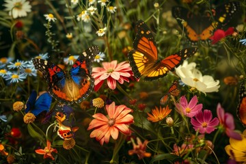 Canvas Print - Numerous butterflies soaring above a colorful field of blooming flowers on a sunny day, Butterflies flitting among spring blooms