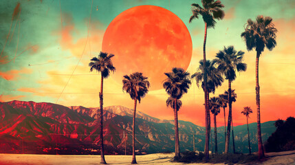 Poster - Artistic depiction of a giant red moon rising behind silhouette of palm trees with mountain backdrop.