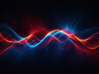 Fototapete - A mesmerizing 3D render of a vibrant energy flow, depicted as a swirling wave of red and blue particles against a dark background. This abstract representation evokes a sense of dynamic movement