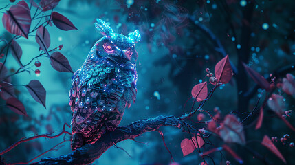 A cybernetic owl perched on a digital tree branch, with glowing eyes and feather patterns integrated with circuitry, against a backdrop of a futuristic forest with neon-lit foliage