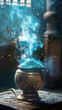 © Jesse - A golden ornate incense burner on a carved wooden surface emits streams of blue smoke that rise and swirl into the air. Amber sparks complement the blue smoke, creating a mystical atmosphere. The back
