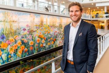 confident businessman smiling in modern office atrium