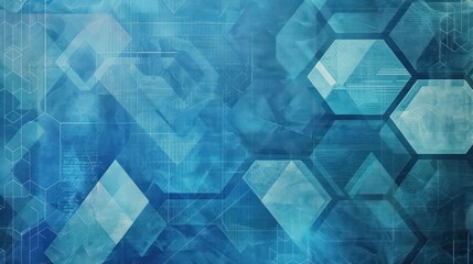 Fototapete - An abstract background with a mosaic of geometric patterns in tonal textures, highlighting hexagons, diamonds, and triangles in shades of blue with varying textures for a rich visual appeal.