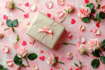 Wall Mural - gift box on table with collection of items and decoration arround