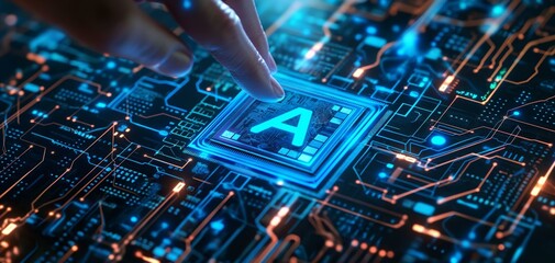 Poster - A close-up of a finger touching a high-tech circuit board with glowing blue elements and the letter 'A' prominently displayed.