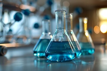 Poster - Several laboratory flasks containing blue liquid, showcasing a scientific experiment or chemical process, Capture the essence of A/B testing in optimizing marketing campaigns