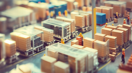 Canvas Print - Detailed miniature model of a bustling industrial warehouse with workers and cargo boxes.