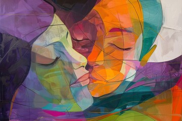 Canvas Print - A painting depicting two people sharing a tender kiss filled with love and emotion, Capture the essence of maternal love in a colorful abstract composition