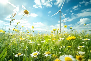 Wall Mural - A field filled with blooming yellow and white flowers, creating a colorful and lively scene, Capture the essence of renewable energy sources and their importance for the future