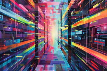 Canvas Print - Vibrant City Street Abstract Painting, Capture the essence of seamless file sharing and accessibility with an artistic interpretation of network-attached storage