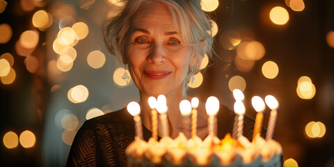 Cheerful elegant senior woman celebrating her birthday. Grandma looking at birthday cake with lit candles.