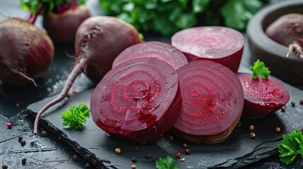 Canvas Print - Freshly Cut Beets on a Black Slate Board