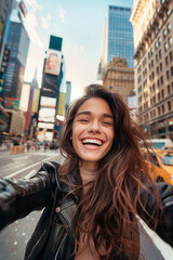 Beautiful young woman having much fun in New York. Cheerful adult tourist feeling happy and excited in Manhattan, USA.