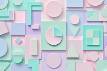 Fototapete - An abstract design with geometric patterns in soft pastel colors. Squares, circles, and triangles in light pink, baby blue, mint green, and lavender