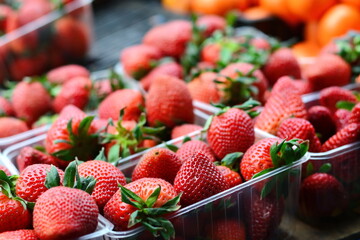 Wall Mural - a collection of fresh strawberries are gathered in baskets on a sale table at a farmer's market.