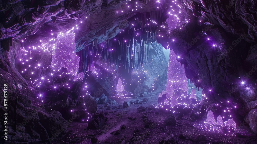 A magical cave filled with crystals emitting glittering purple lights ...