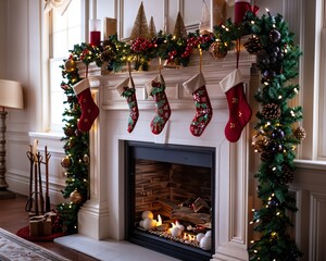 Canvas Print - a decorated fireplace with stockings and stockings hanging from the mantle