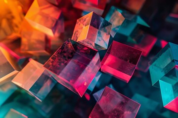 Poster - Numerous cubes suspended in the air, creating a visually striking scene of levitation and suspension, Capturing the complexity of blockchain technology through abstract shapes and colors